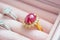 Gold and silver diamond ruby gemstone ring in jewelry box