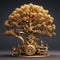 Gold Silver Steampunk Tree Large Details. Generative AI