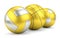 Gold and silver volleyball, basketball and soccerball in row