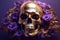 A gold skull surrounded by purple flowers on a purple background. Generative AI image.