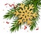 Gold snowflake on fir trees branches with serpentine. Concept for greeting New Year and Christmas cards, banners, invitations