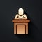 Gold Speaker icon isolated on black background. Orator speaking from tribune. Public speech. Person on podium. Long