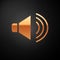 Gold Speaker volume, audio voice sound symbol, media music icon isolated on black background. Vector