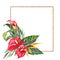 Gold square frame with red Anthurium and strelitzia flowers.