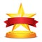 Gold Star Award. Red Ribbon With Place For Text. Vector Illustration. Modern Trophy, Challenge Prize. Beautiful Shiny