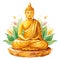 A gold statue of a Buddha with a green hat on his head. The statue is surrounded by water and has a serene and peaceful