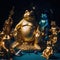 A gold statue of a frog surrounded by other figurines. Generative AI image.