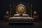 Gold Steampunk Bed On Black Smoky Background. Generative AI