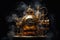 Gold Steampunk Blender On Black Smoky Background. Generative AI