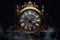 Gold Steampunk Clock On Black Smoky Background. Generative AI