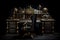 Gold Steampunk Desk On Black Smoky Background. Generative AI