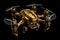 Gold Steampunk Drone On Black Smoky Background. Generative AI