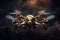 Gold Steampunk Drone On Black Smoky Background. Generative AI