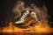 Gold Steampunk Trainer On Smoke Steam Sparks Background. Generative AI