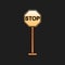 Gold Stop icon isolated on black background. Traffic regulatory warning stop symbol. Long shadow style. Vector