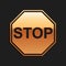 Gold Stop sign icon isolated on black background. Traffic regulatory warning stop symbol. Long shadow style. Vector