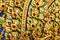 Gold stucco design of native thai style on the Wall in Buddhist