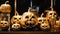 Gold stylish Halloween pumpkins with skulls on dark background. Trick or treat decoration concept. Generative AI