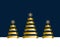 Gold stylized flat Christmas trees on dark blue background. Ribbons decoration.