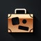 Gold Suitcase for travel icon isolated on black background. Traveling baggage sign. Travel luggage icon. Long shadow