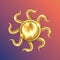 Gold sun luxury logo icon. Abstract golden sunburst isolated on colorful background. Vintage sacred shiny sun burst design element