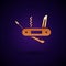 Gold Swiss army knife icon isolated on black background. Multi-tool, multipurpose penknife. Multifunctional tool. Vector