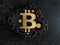 Gold symbol of a bitcoin on a gear wheels on a black printed circuit board background