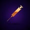 Gold Syringe icon isolated on black background. Syringe for vaccine, vaccination, injection, flu shot. Medical equipment