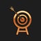 Gold Target with arrow icon isolated on black background. Dart board sign. Archery board icon. Dartboard sign. Business