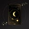 Gold Tarot card with a crescent on a black background with stars. Tarot symbolism