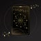 Gold Tarot card with a magical eye on a black background with stars. Tarot symbolism