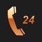 Gold Telephone 24 hours support icon isolated on black background. All-day customer support call-center. Long shadow