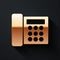 Gold Telephone icon isolated on black background. Landline phone. Long shadow style. Vector.