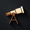 Gold Telescope icon isolated on black background. Scientific tool. Education and astronomy element, spyglass and study