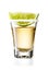 Gold Tequila Glass Shot With Lime Slice and Salty Rim, Isolated on White Background