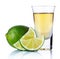 Gold tequila shot with lime isolated on white