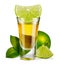 Gold tequila shot with lime isolated on white