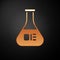 Gold Test tube and flask chemical laboratory test icon isolated on black background. Laboratory glassware sign. Vector