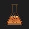 Gold Test tube and flask - chemical laboratory test icon isolated on black background. Long shadow style. Vector