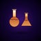 Gold Test tube and flask icon isolated on black background. Chemical laboratory test. Laboratory glassware. Vector