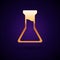 Gold Test tube and flask icon isolated on black background. Chemical laboratory test. Laboratory glassware. Vector