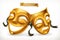 Gold theatrical masks. 3d vector icon