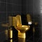 Gold toilet bowl and accessories in black tiled toilet 3d render