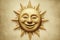 gold tone smiling sun with face, artistic