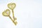 Gold toned heart shaped keys on a neutral background