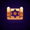 Gold Torah scroll icon isolated on black background. Jewish Torah in expanded form. Star of David symbol. Old parchment