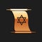 Gold Torah scroll icon isolated on black background. Jewish Torah in expanded form. Torah Book. Star of David symbol