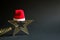 Gold transparent star with spangles in the shape of a Christmas tree on a black background. New year, Santa hat, gift, black Frida