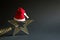 Gold transparent star with spangles in the shape of a Christmas tree on a black background. New year, Santa hat, gift, black Frida