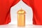 Gold tray with closed cloche on high podium in restaurant with red silk curtains. Realistic mockup of plate with golden